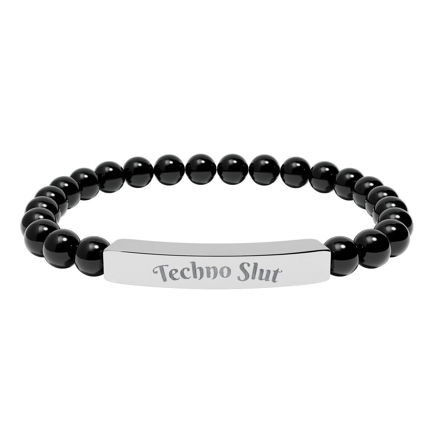 Engraved Natural Stone Stretch Bar Bracelet —"Techno Slut"