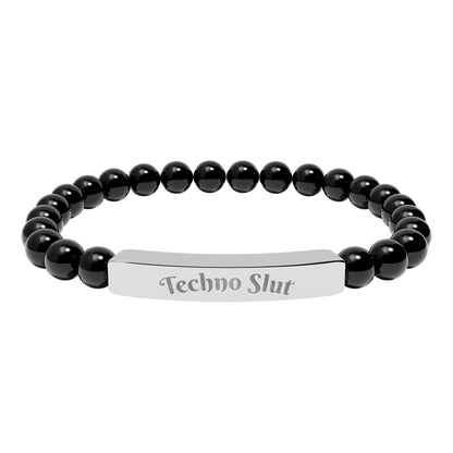 Engraved Natural Stone Stretch Bar Bracelet —"Techno Slut"