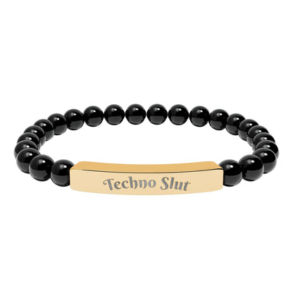 Engraved Natural Stone Stretch Bar Bracelet —"Techno Slut"