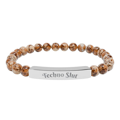 Engraved Natural Stone Stretch Bar Bracelet —"Techno Slut"