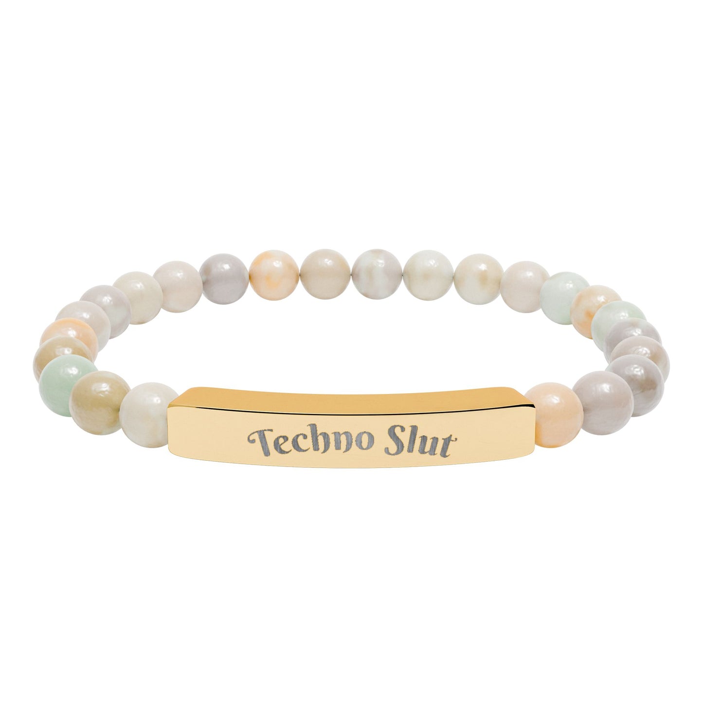 Engraved Natural Stone Stretch Bar Bracelet —"Techno Slut"