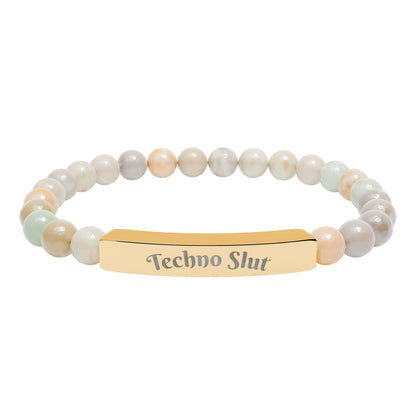 Engraved Natural Stone Stretch Bar Bracelet —"Techno Slut"