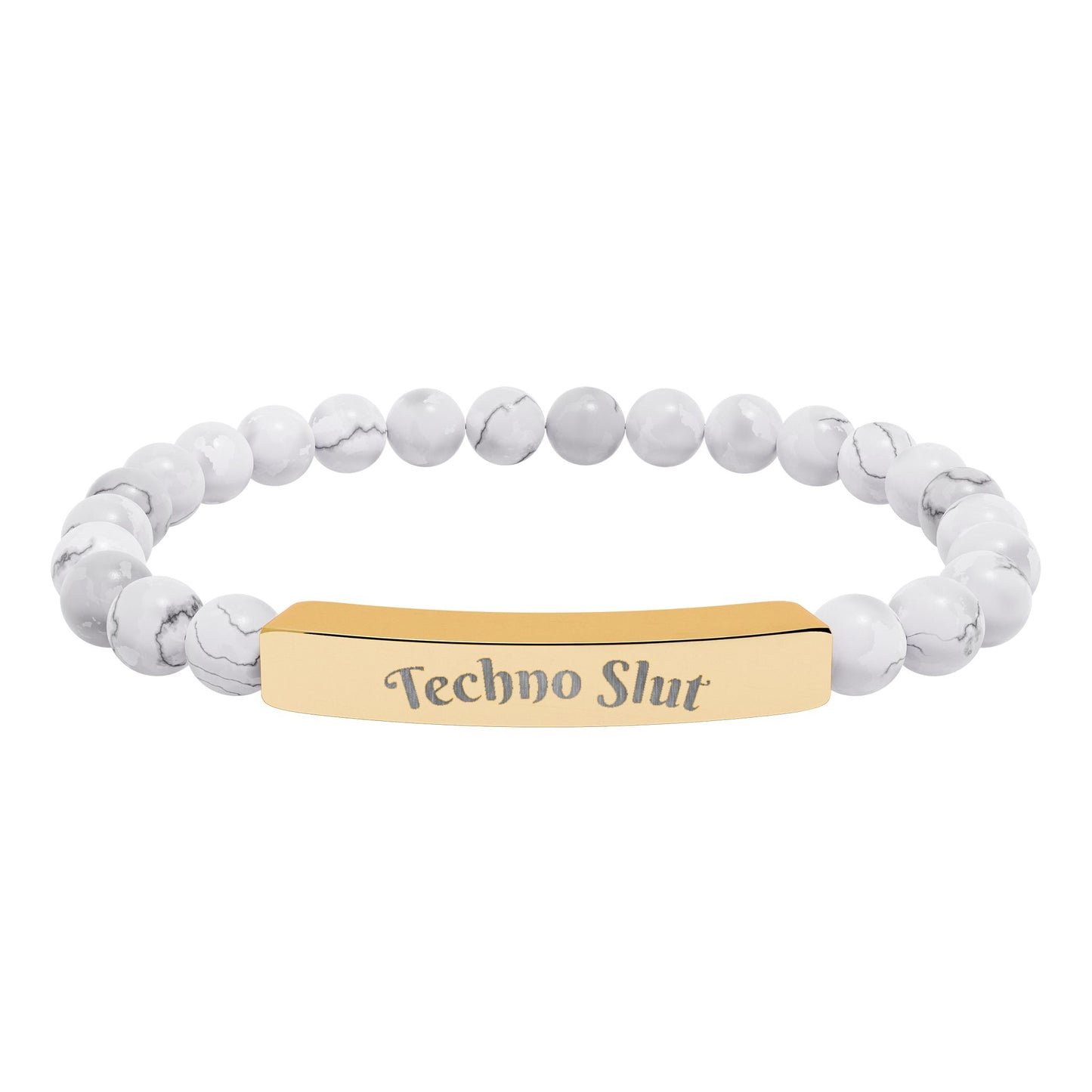 Engraved Natural Stone Stretch Bar Bracelet —"Techno Slut"