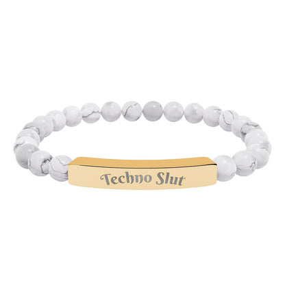 Engraved Natural Stone Stretch Bar Bracelet —"Techno Slut"