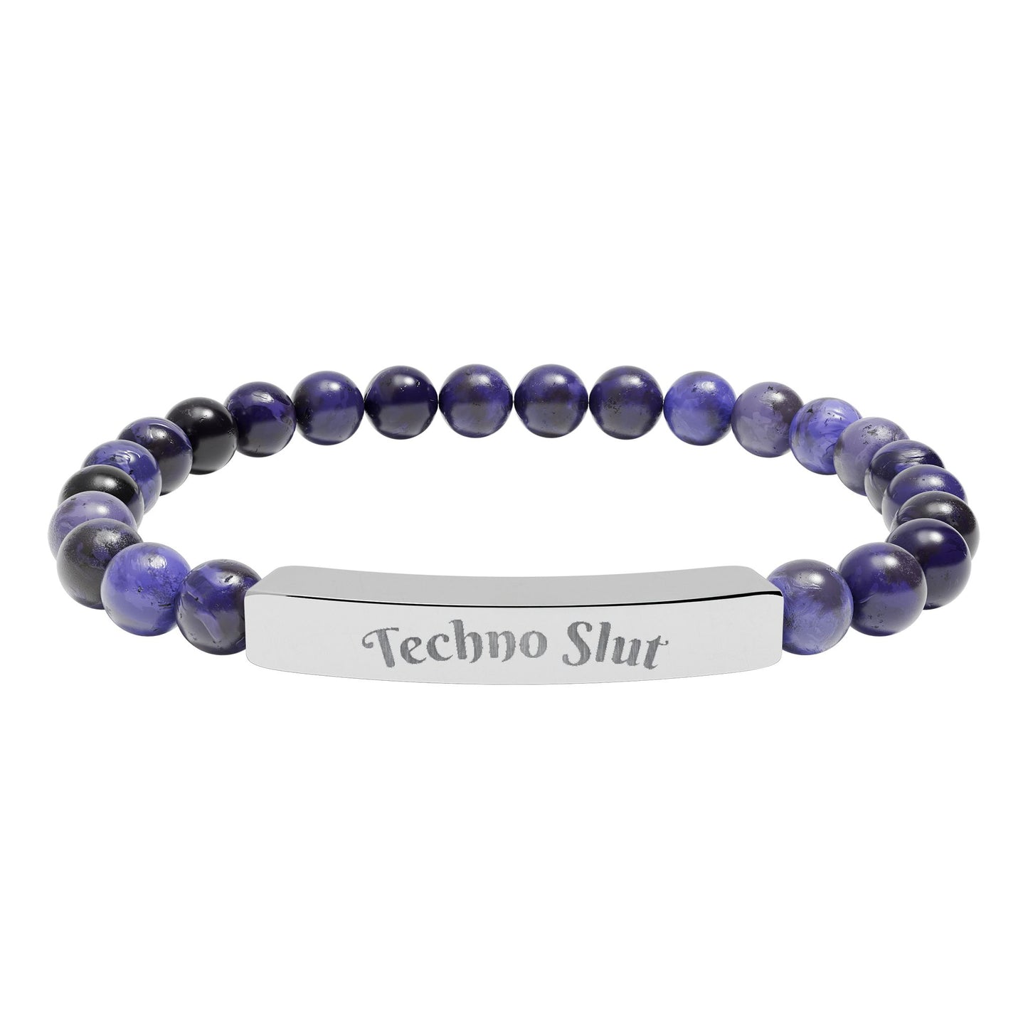 Engraved Natural Stone Stretch Bar Bracelet —"Techno Slut"