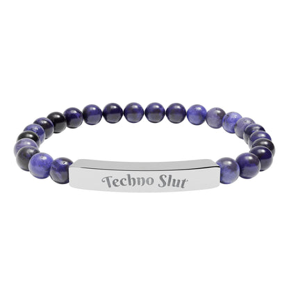 Engraved Natural Stone Stretch Bar Bracelet —"Techno Slut"