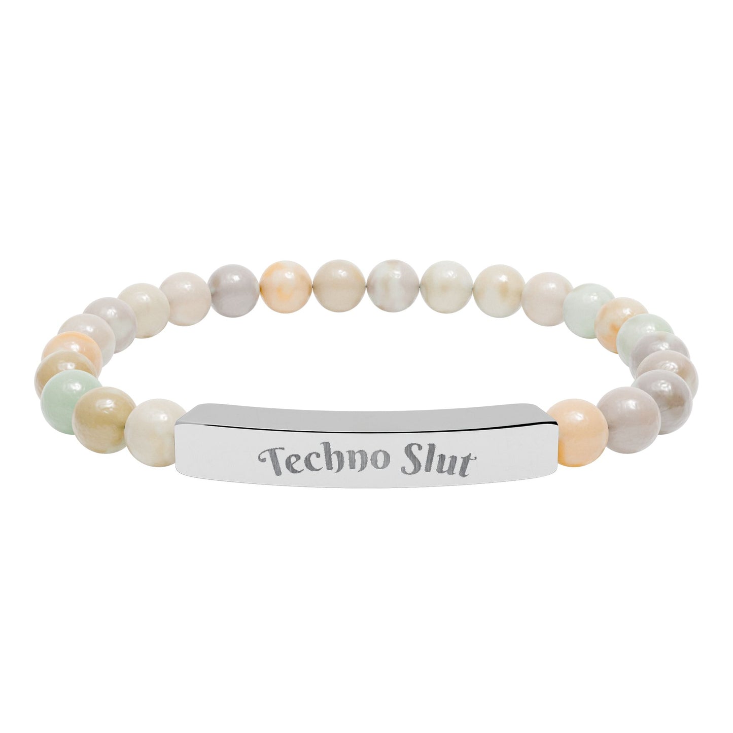 Engraved Natural Stone Stretch Bar Bracelet —"Techno Slut"