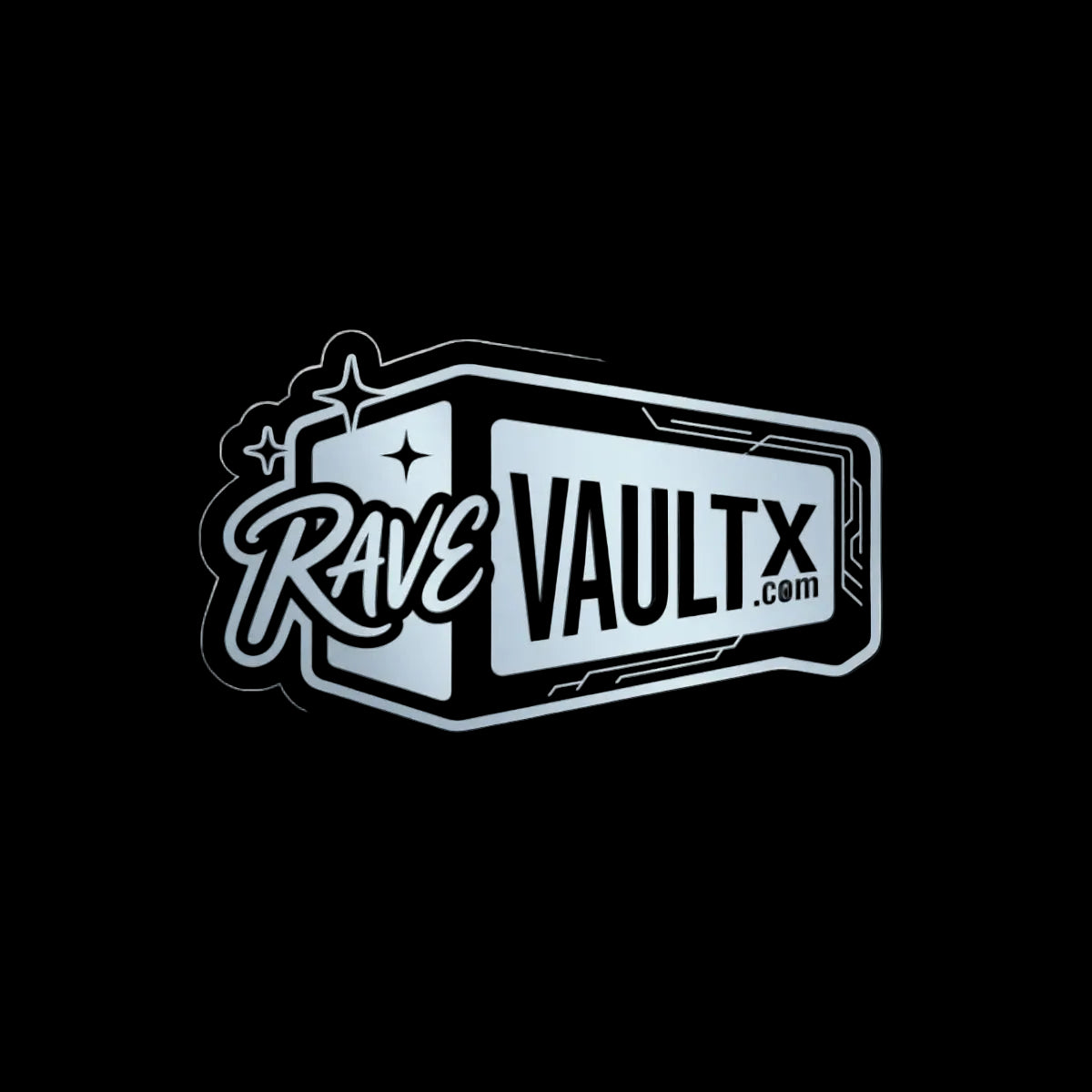 Sticker with 'Rave Vault X' logo on a white background