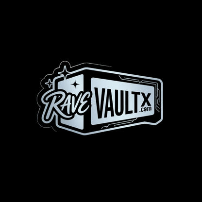 Sticker with 'Rave Vault X' logo on a white background