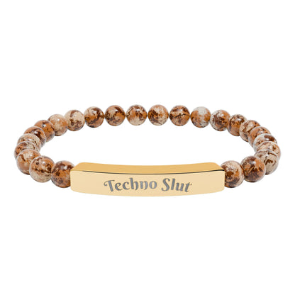 Engraved Natural Stone Stretch Bar Bracelet —"Techno Slut"