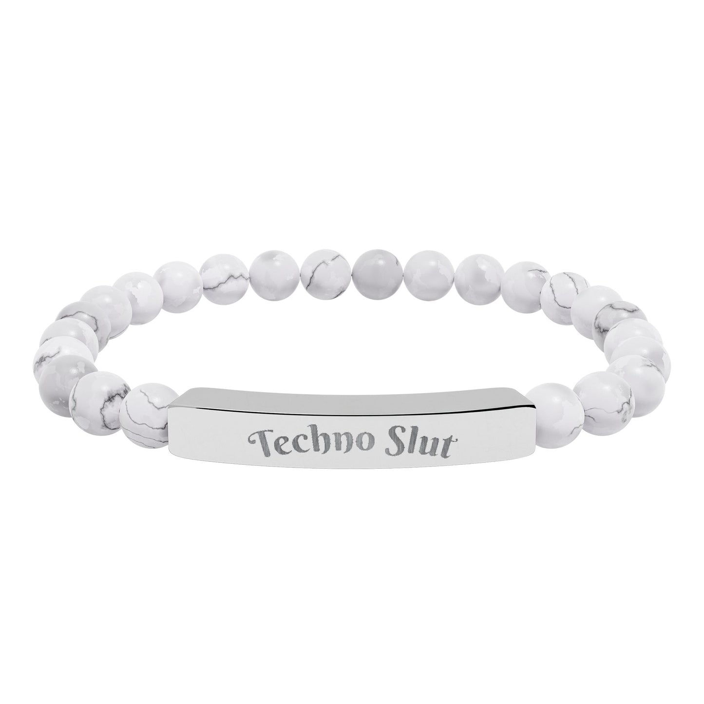 Engraved Natural Stone Stretch Bar Bracelet —"Techno Slut"