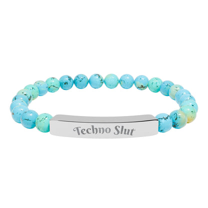 Engraved Natural Stone Stretch Bar Bracelet —"Techno Slut"