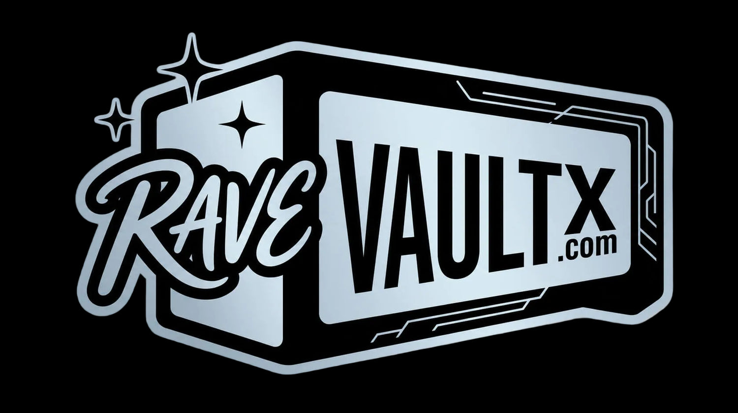 Logo of Rave Vault X with a metallic sheen on a white background