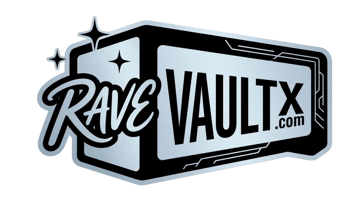 Logo of Rave Vault X with a metallic sheen on a white background