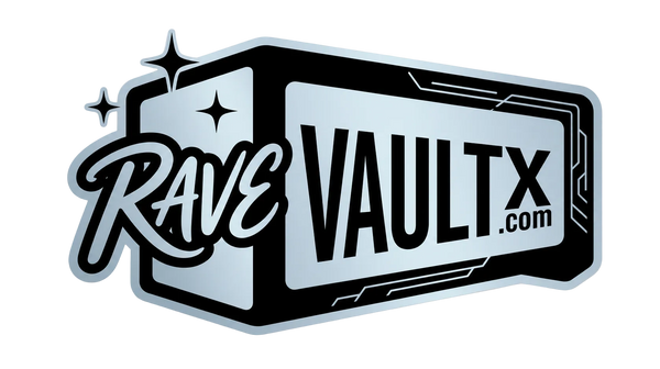 Logo of Rave Vault X with a metallic sheen on a white background